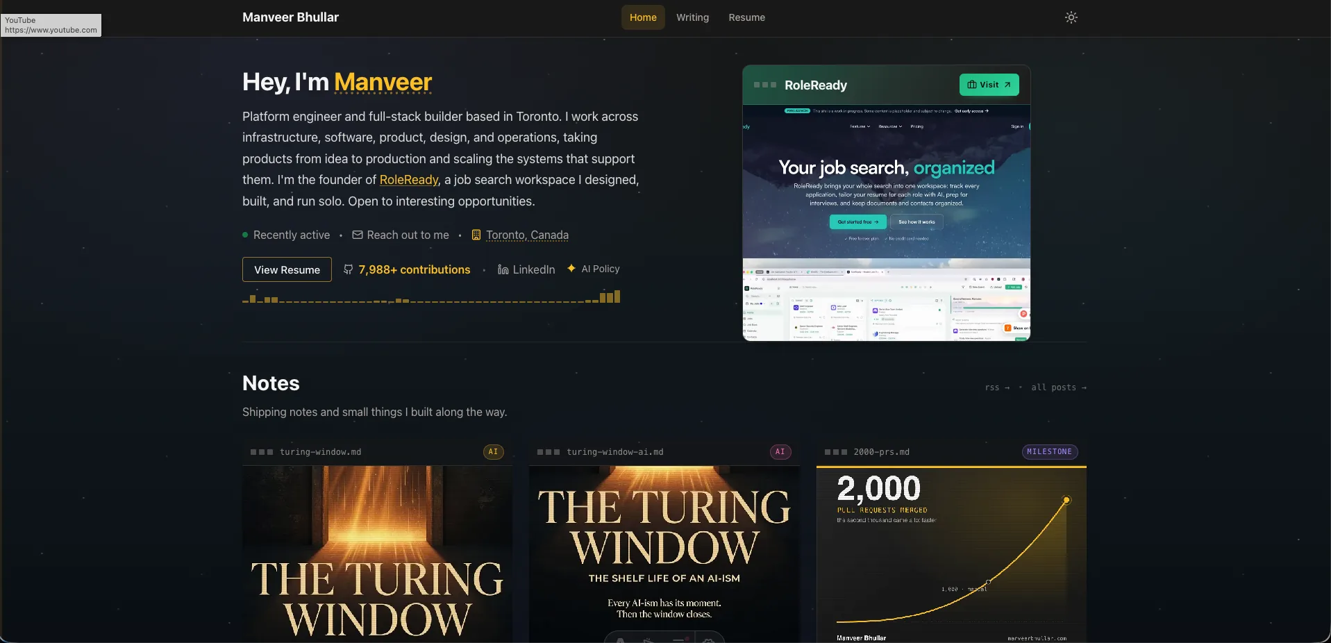 Screenshot of Manveer Bhullar’s personal website showing the homepage and Notes section