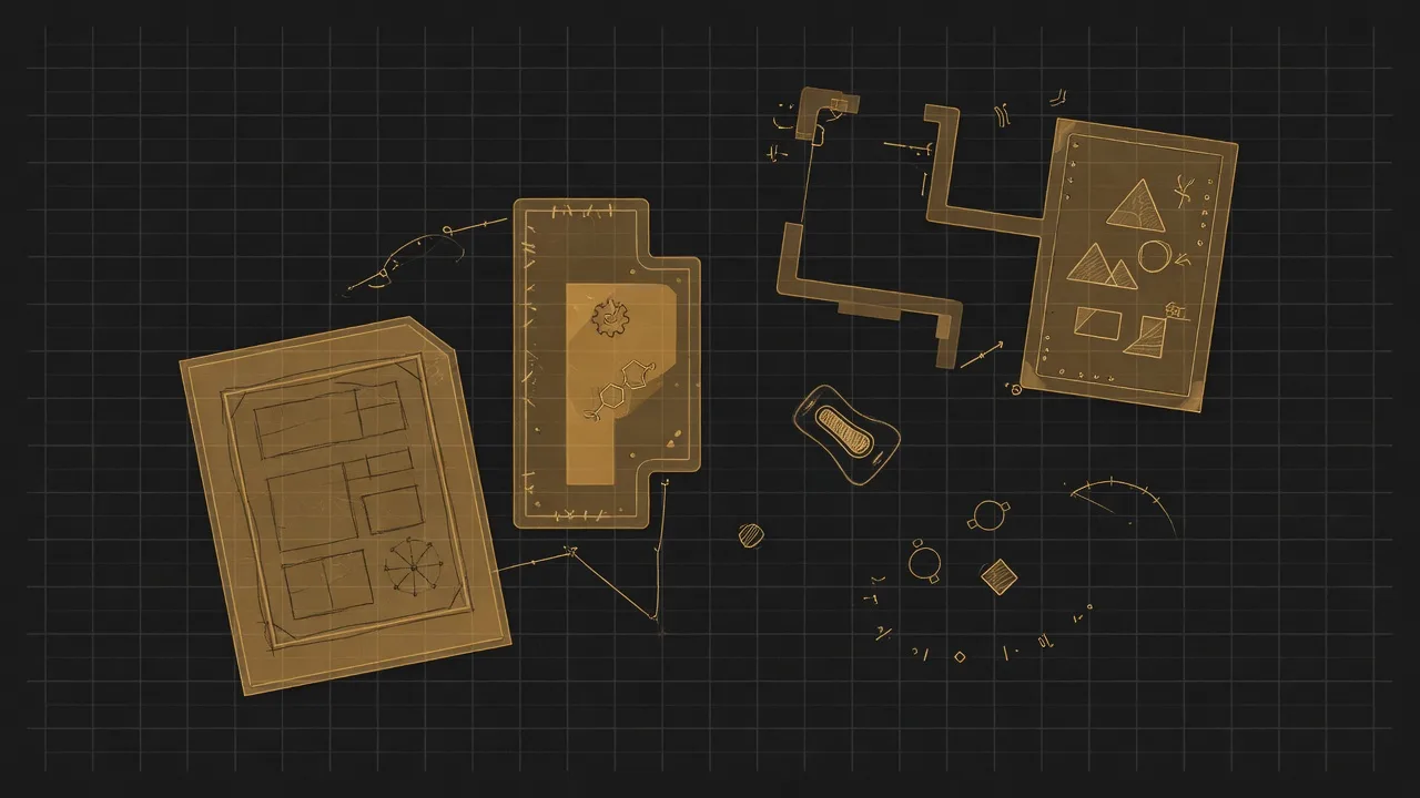 Golden wireframe UI panels assembled by hand on charcoal — a site built piece by piece